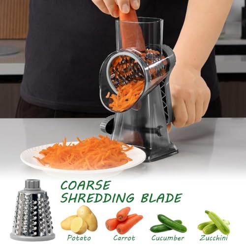 3 in 1 Manual Vegetable Cutter Machine with Stainless Steel Changeable Blades Rotary Cheese Grater Kitchen Tool Potato Slicer Shredder Nuts Chocolate Chopper (Transparent black)