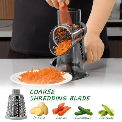 3 in 1 Manual Vegetable Cutter Machine with Stainless Steel Changeable Blades Rotary Cheese Grater Kitchen Tool Potato Slicer Shredder Nuts Chocolate Chopper (Transparent black)