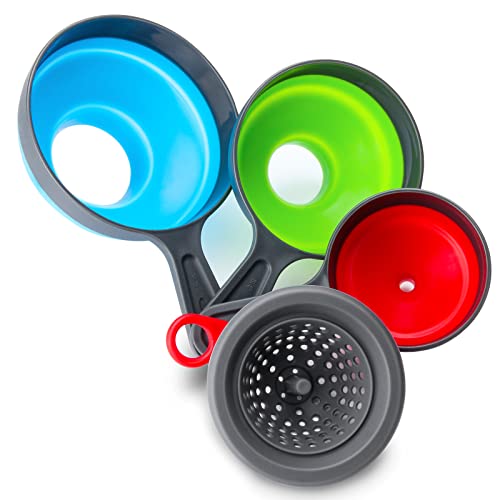 Funnel with Strainer for Kitchen Use, Dokpod Silicone Funnels for Filling Bottles and Wide Mouth Canning, Collapsible Kitchen Funnel with Filter