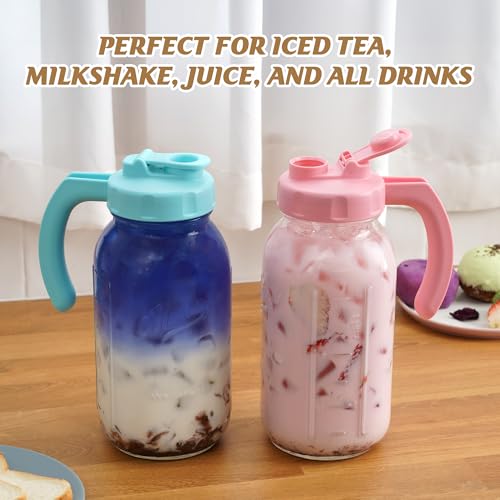 Soligt Glass Mason Jar Pitchers with Lids, Wide Mouth Flip Cap Pour Spout Leak-proof Lid with Handle, 64 oz/2 Quart, for Iced Coffee/Sun Tea Juice/Cold Brew/Milk (2 Pack, Taffy Pink + Baby Blue) - color: Taffy Pink and Baby Blue