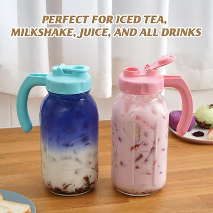 Soligt Glass Mason Jar Pitchers with Lids, Wide Mouth Flip Cap Pour Spout Leak-proof Lid with Handle, 64 oz/2 Quart, for Iced Coffee/Sun Tea Juice/Cold Brew/Milk (2 Pack, Taffy Pink + Baby Blue) - color: Taffy Pink and Baby Blue
