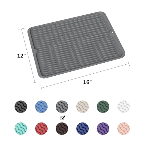 ZLR Silicone Dish Drying Mat for Kitchen Counter, Eco-Friendly Fast Dry Dish Mat, Easy Clean Multi Usage Drying Matt, Heat Resistant Trivet, 12" x 16" Large, Dark Gray - color: Dark Gray, size: 16" x 12"