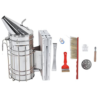 8 Piece Beekeeping Kit with Smoker, Bee Brush, Scraper, Frame Clip, Wire Embedder, Queen Cage, Uncapping Tool, and Marking Bottle for Hive Inspection and Honey Harvesting