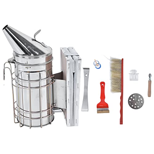 8 Piece Beekeeping Kit with Smoker, Bee Brush, Scraper, Frame Clip, Wire Embedder, Queen Cage, Uncapping Tool, and Marking Bottle for Hive Inspection and Honey Harvesting