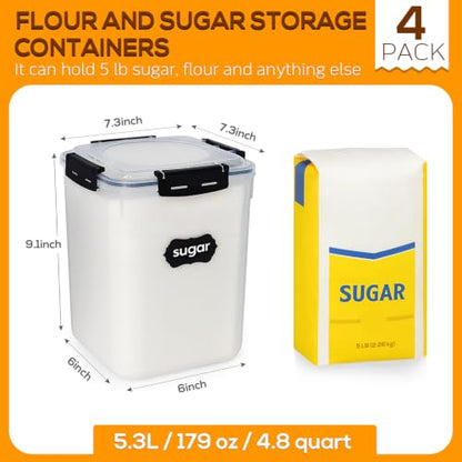 Large Thicker Food Storage Containers with Lids Airtight 5.3L/179Oz, 4pcs Plastic Pantry Storage Container for Dry Food/ Flour/ Sugar/ Pasta/ Cereal/ Baking Supplies, Canister for Kitchen Organization