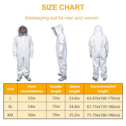 Beekeeping Suit with Veil Hood – Breathable Sting-Proof Cotton Suit for Men Women, Includes Sheepskin Gloves & Reinforced Mesh, Apiary & Wasp Nest Removal, Size L - size: L for 5'3"-5'7"