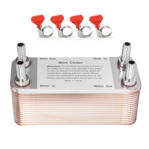 Wort Chiller 30 Plates, 1/2 Barb Fitting Connection, Brazed Plate Copper Heat Exchanger for Homebrew, Stainless Steel 7.5" x 2.9" Plate, Hot Liquid Accelerated Cooler Quick Beer Cooling System