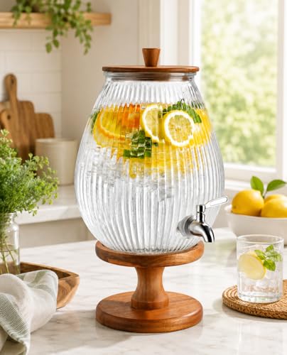 2 Gallon Drink dispenser, Glass Beverage Dispenser With Wood Stand, Large Water Drink Dispensers for Parties With Stainless Steel Spigot, Ideal for Lemonade,Juice, Tea, and Party Drinks - color: Clear - 2 Gallon