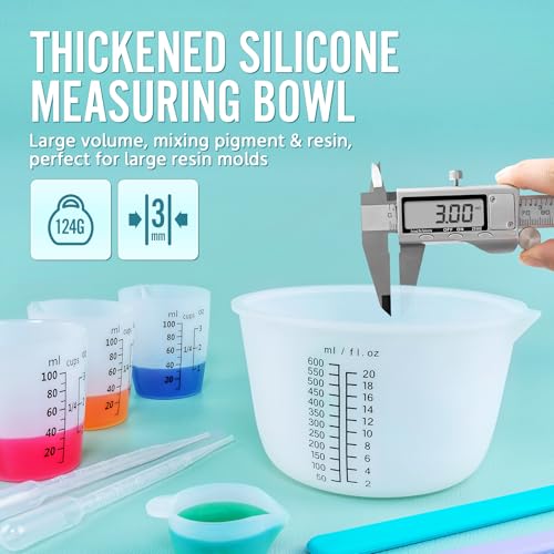 Silicone Resin Mixing Measuring Cups for Resin Supplies, Easy-to-read Marks, 600ml/20oz Bowl, 250&100ml Thickened Reusable Silicone Cups for Epoxy Mixing, with Stir Sticks, Jewelry Making - size: 600+250+4*100ml (Black Marks)