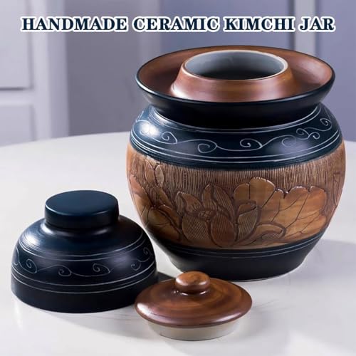 Retro Lotus Carved Kimchi Jar, Thickened Ceramic Fermentation Crock, Pickled Beans, Radishes, Cabbages, Traditional Water Seal Design