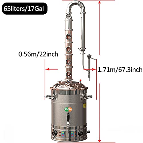 YUEWO 110V Electric 304 Stainless Steel Alcohol Distiller Flute Reflux Column Still with Sight Glasses Wine Making Kit for DIY Whisky Wine Brandy Gin - size: 65Liters/17Gal-Copper