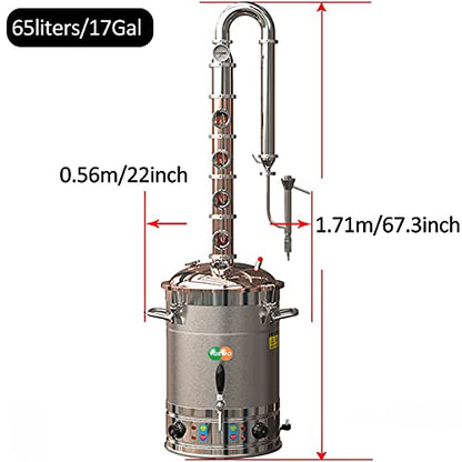YUEWO 110V Electric 304 Stainless Steel Alcohol Distiller Flute Reflux Column Still with Sight Glasses Wine Making Kit for DIY Whisky Wine Brandy Gin - size: 65Liters/17Gal-Copper