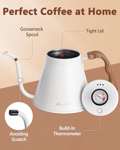 Harriet Gooseneck Kettle with Thermometer for Pour Over Coffee and Tea, 37 fl oz, Stainless Steel, Durable 3-Layer Base, Ideal Spout for Precision Pouring, Compatible with all Stove Tops, White - color: White