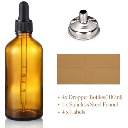 4 Pack, 100ml Dropper Bottles with 2pcs Glass Pipettes(1ml) - Essential Oils Bottles for Health, Personal Care & Beauty - 3.4oz Thick Dark Amber Glass Tincture Bottle with Eye Droppers, Leakproof - style: Measured Dropper