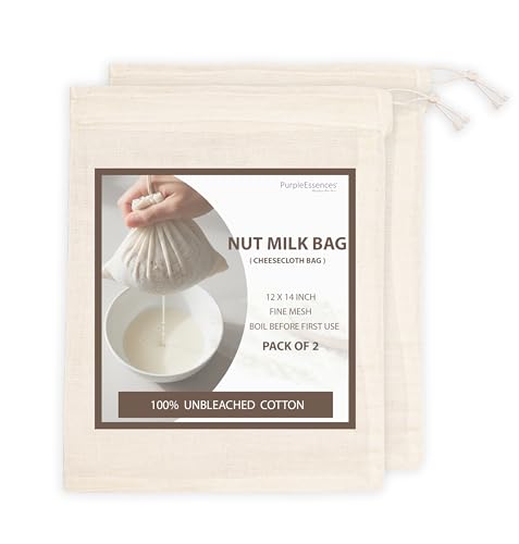 PurpleEssences Ultra-Dense Unbleached Cotton Nut Milk & Filter Bags Reusable Cheesecloth Drawstring Strainers for Cheese Making, Straining, Storage, Sprouting - Set of 2-12x14 Inch - Natural - size: 12 x 14 Inch