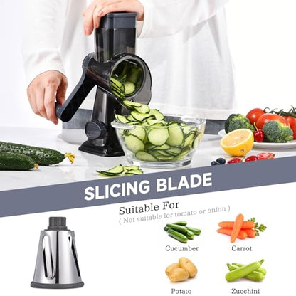 Rotary Cheese Grater with Handle Kitchen Shredder Slicer Grater Slicer Ice Shaver Cheese Vegetable Nuts Potato Zucchini Chocolate 3 Interchangeable Blades (Grey TSP) - color: Dark Grey TSP