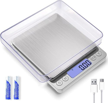 Digital Gram Scale 1000g/0.01g, Scale for Food Ounces and Grams, Upgrade USB Charging Kitchen Scale Digital Weight for Cooking, Baking, Tare Function, 9 Units, 2 Tray - color: Silver