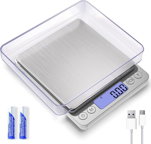 Digital Gram Scale 1000g/0.01g, Scale for Food Ounces and Grams, Upgrade USB Charging Kitchen Scale Digital Weight for Cooking, Baking, Tare Function, 9 Units, 2 Tray - color: Silver