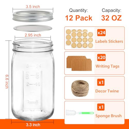 Wide Mouth Mason Jars 32 oz, 12 Pack Clear Glass Mason Jars with Airtight Lids and Bands, Quart Canning Jars for Preserving, Canning, Meal Prep, Pickling - size: 32oz - 12Pack
