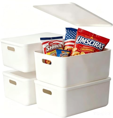 Ytteve 4 Pack White Stackable Plastic Storage Bins with Lids & Handles, Durable - 4 Large14.4"x10.2"x6.3", Multi-size for Closet, Shelves, Drawers, Home & Office - color: White, size: 4XL - With Lid
