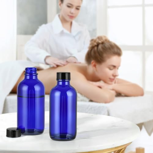 Small Glass Bottles with Lids Boston Round Shot Bottles for Health, Immunity, Ginger Juice, Essential Oils, Potion - Leak Proof Mini Travel Containers (Blue UV, 4oz-24Pack) - color: Blue UV, size: 4oz-24Pack