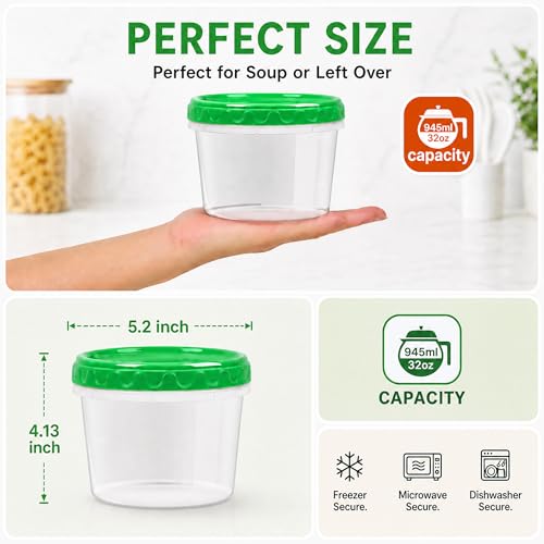EONJOE 32oz Plastic Freezer Food Leftovers Containers with Lids, 12pcs | Reusable ,Airtight & BPA-free for fresh food. Dishwasher/freezer safe, perfect for daily meal prep, portion control - size: 32oz