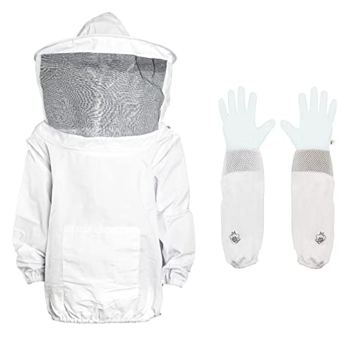 Luwint Kids Beekeeping Jacket and Gloves, Ventilated Veil Bee Suit for Kids Protective Pull Over Beekeeper Jacket with Goatskin Beekeeping Gloves for Kids (3'8''-4'4'' Height) - style: 3'8''-4'4'' Height/White