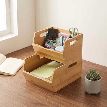 Bamboo Pantry Storage Bins , Ventilated stackable Design Potato and Onion Storage Bin Kitchen Organization Storage Basket Food Fruit Container for Cabinet, Studio, Office