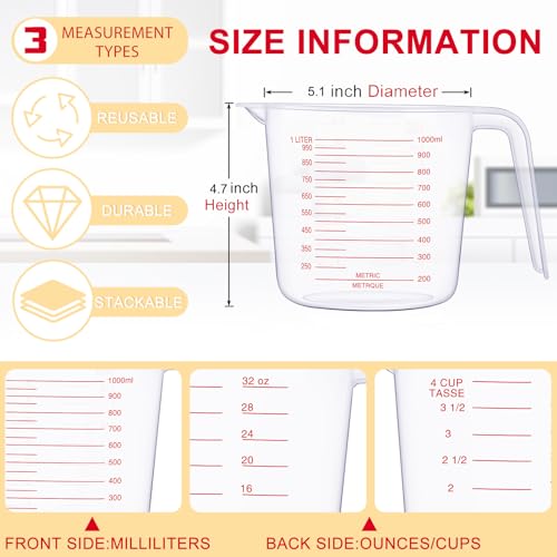 Fabbay 24 Pcs 4 Cup Capacity Plastic Measuring Cup 1000 ml Clear Graduated Measuring Cups Plastic Mug with Spout and Handles Ounce and Ml Marking for Recipe Ingredient Flour Water Liquid(Red,32 oz) - color: Red, size: 32 oz