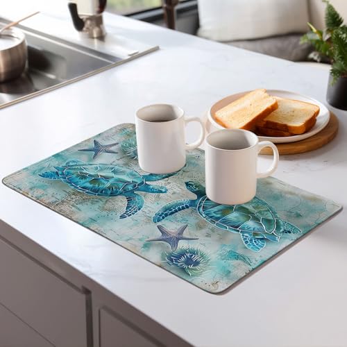 Sea Turtles Dish Drying Mat for Kitchen Counter Microfiber Super Absorbent Non-Slip Dish Drying Pad for Countertops Dishes Utensils Stylish Quick-Dry Machine Washable 18x24 Inch - color: Sea Turtles