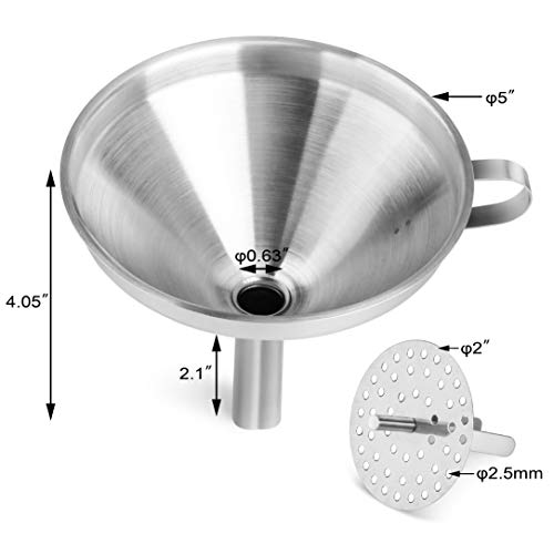 New Star Foodservice Stainless Steel Funnel with Detachable Strainer Filter, 5-Inch, Silver, Heavy-Duty Kitchen Funnel for Liquids, Oils, Sauces, Broths, and Canning