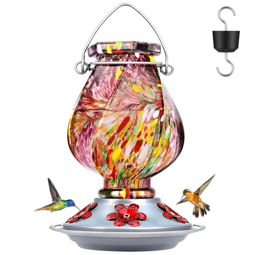BOLITE Hummingbird Feeder, Hand Blown Glass Hummingbird Feeders for Outdoors Hanging with Ant Moat, 5 Bee-Proof Ports, Leak-Proof, 360° Perch, 22oz, Purple, Gifts for Women Men, Gifts for Mom Dad - color: Purple