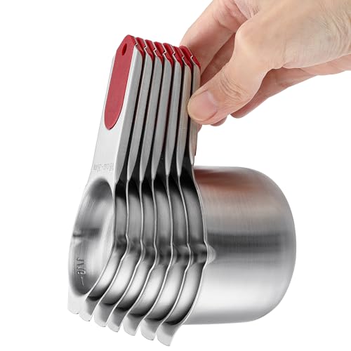 Spring Chef Magnetic Measuring Cups & Spoons Set, Patented, Strong N45 Magnets, Heavy Duty Stainless Steel Fits in Spice Jars for Baking & Cooking, BPA Free, Round Set of 15 with Leveler, Red - color: Red, size: Set of 15