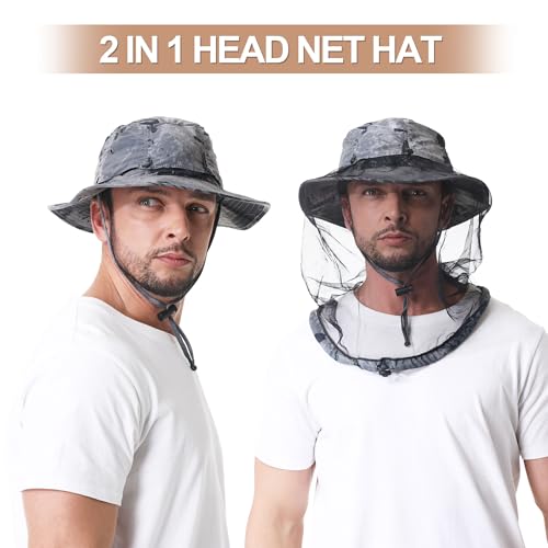 Mosquito Head Net Hat UPF 50+ Sun Protection Bug Hat for Men Women | Sun Visor Style, Perfect for Safari, Hiking, Beekeeping, Camping & Gardening - color: Dark Grey Camouflage
