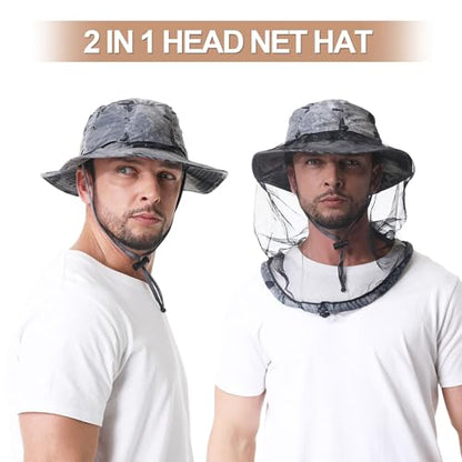 Mosquito Head Net Hat UPF 50+ Sun Protection Bug Hat for Men Women | Sun Visor Style, Perfect for Safari, Hiking, Beekeeping, Camping & Gardening - color: Dark Grey Camouflage