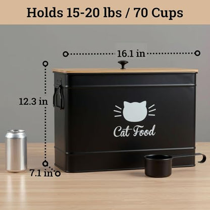Cat Food Storage Container with Scoop - 15 lb (50 Cup) Capacity Metal Cat Food Container with Airtight Bamboo Lid & Metal Scoop - Airtight Pet Food Storage Containers - 15 lb Treats & Kibble Container - color: Black