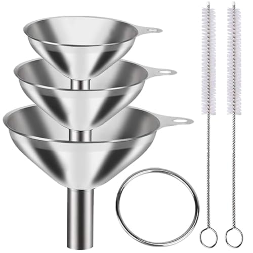 Metal Stainless Steel Funnel, Large Medium Small Funnel Set of 3, Food Grade Mini Funnels for Kitchen Use Filling Bottles Flask Cooking, 2 Brushes