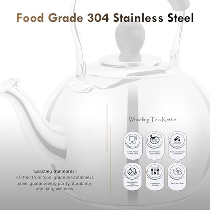 Stovetop Tea Kettle with Whistle - 2.0 Quart 18/8 Stainless Steel Tea Pot for Gas Stove & Electric Coil Stovetop, Food-Safe, Easy-Pour Spout, Mirror Polished Classic Water Kettle