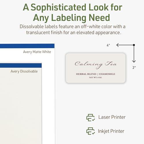 Avery Dissolvable Rectangle Labels, Sure Feed Technology, 2" x 4", Matte White, Laser/Inkjet Printable, 100 Labels Total, Freezer-Safe, Microwave-Safe, Refrigerator-Safe - style: 100 labels