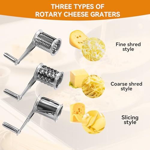 Stainless Steel Single Drum Rotary Cheese Grater, Multipurpose Rotary Cheese Grater with 3 Different Rotatable Drums for Parmesan, Mozzerella, Vegetables and More