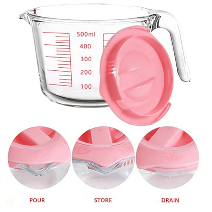 Glass Measuring Cups with Lids Set, Borosilicate Glass V-Shaped Spout Microwave Safe Scales Milk Cup for Cooking Baking (Pink, 2CUP) - color: Pink