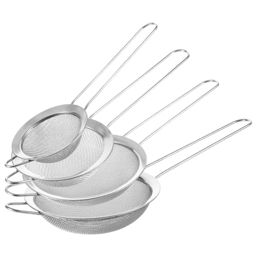 4 Pcs Stainless Steel Fine Mesh Strainer 4 Sizes Small Sieves with Handles Versatile Kitchen Strainer for Steeping Loose Leaf Tea Straining Cocktail Juice and Sifting Flour Sugar