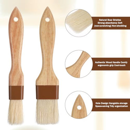 2PCS Pastry Brushs for Baking, Basting Brush for Cookings Natural Boar Bristle Butter Brush for Cooking-Wooden Handle Non-Shedding Food Grade Cooking Brushs for Butter, Oil Baking (0.9 Inch,1.1 Inch)