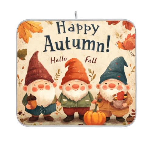 Fall Gnomes Pumpkin Maple Leaves Dish Drying Mat for Kitchen Counter Kitchen Drying Mat Dish Rack Mat Dish Drainer Pad Microfiber Absorbent Washable Drying Pad for Countertop 16 x 18 - color: Fall Gnomes Pumpkin Maple Leaves, size: 16'' x 18''
