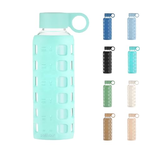 purifyou 40oz / 32oz / 22oz / 12oz Borosilicate Glass Water Bottle with Time & Volume Markers, Silicone Sleeve, Stainless Steel Lid | Reusable Glass Bottle for Water & Juice (12oz Glow-in-the-Dark) - color: Glow-in-the-Dark (1 Count), size: 12 Ounces