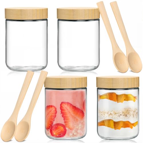 TBWIND 4 Pack 16oz Glass Jars with Bamboo Lids, Spoons, Airtight Overnight Oats Containers, Wide Mouth Mason Jars, Food Storage Container for Yogurt Salad Snacks Spice Sugar Meal Prep – Reusable - color: 16oz-Natural Lids-4 Spoon