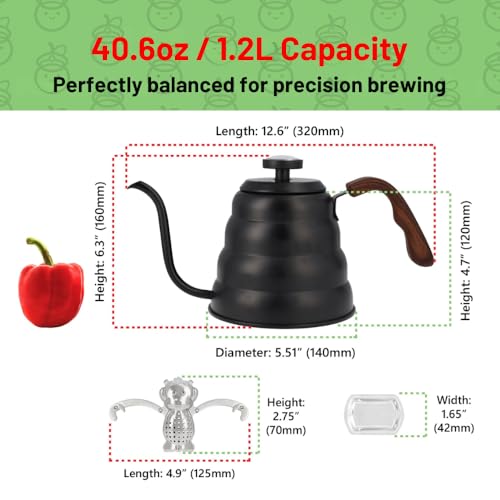 Black Japanese Gooseneck Kettle Stovetop with Thermometer and Insulated Handle (4-piece, 40.6 oz /1200ml), Stainless Steel Pour Over Tea Stovetop Kettle, Precision Pour Kettles Pot - color: Black