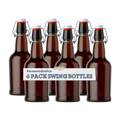 Fermentaholics 6 Pack Glass Swing Top Bottles | Flip Top Lids | Airtight, High-Pressure Tops For Bottling & Secondary Fermentation of Kombucha, Kefir, Beer, Storage, and More (Brown Bottles)