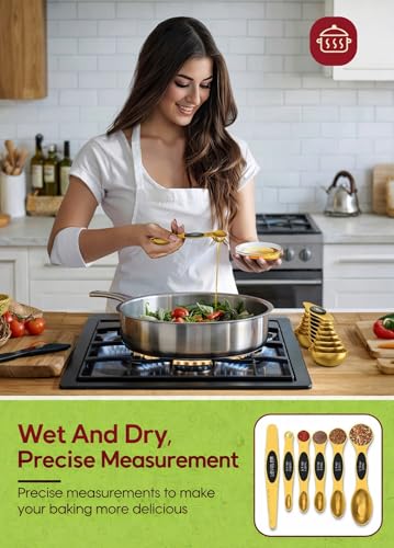 Magnetic Measuring Spoons Set with Strong N45 Magnets, Heavy Duty Stainless Steel Metal, Fits in Most Kitchen Spice Jars for Baking & Cooking, BPA Free, Multicolor, Set of 8 with Leveler(Gold) - color: Gold