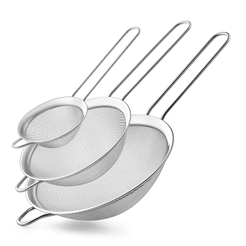 3PCS Fine Mesh Strainers for Kitchen, Stainless Steel Metal Wire Sieve Strainer, Food Strainer with Handlle for Sifting, Straining and Cooking